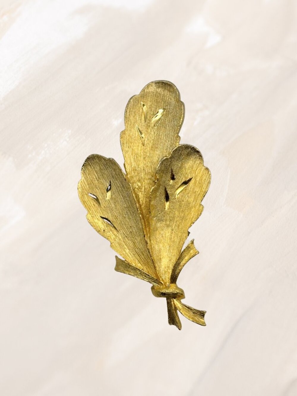 Vintage Jonette Jewelry (JJ) Signed Brushed Goldtone Etched Triple Leaf Brooch